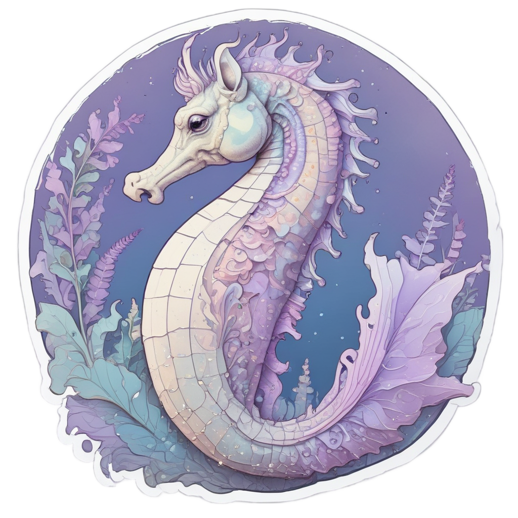 A sleepy seahorse curls up in a pastel nap.