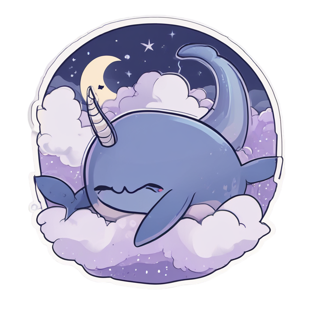 A sleepy narwhal cuddling a crescent moon plush