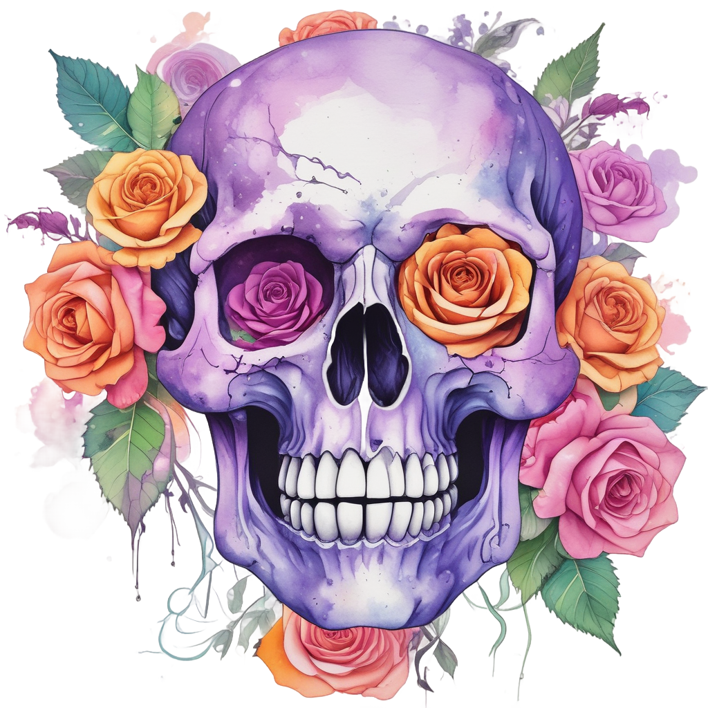 Smiling Neon Rose Skull — watercolor skull & roses stickers