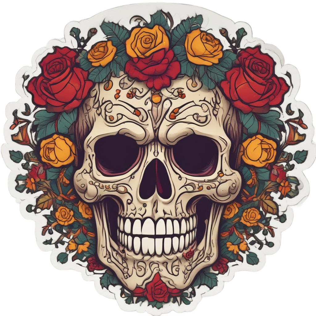 Smiling Skull with Thorns — watercolor skull & roses stickers