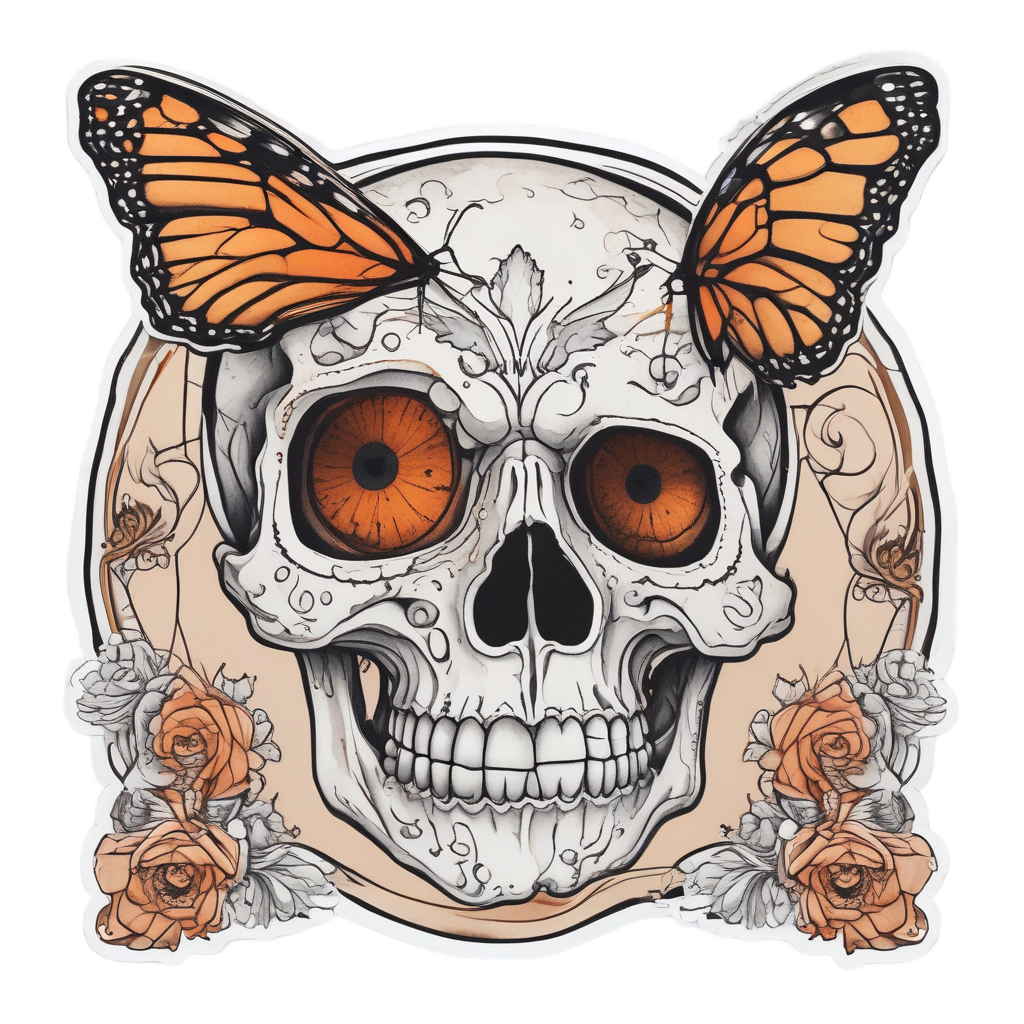 Smirking Skull with Butterfly — watercolor skull & roses stickers