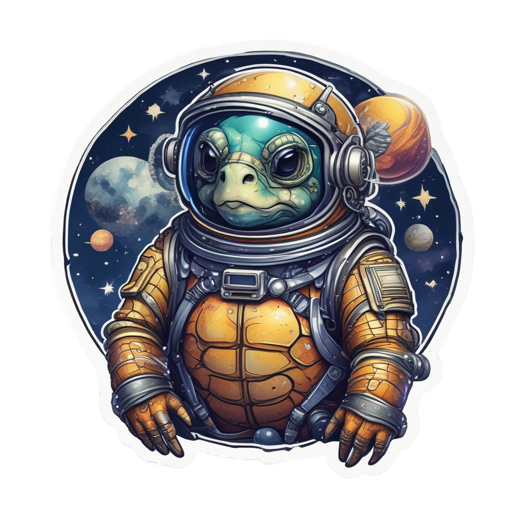 A sea turtle in a retro spacesuit floating in space with stars.