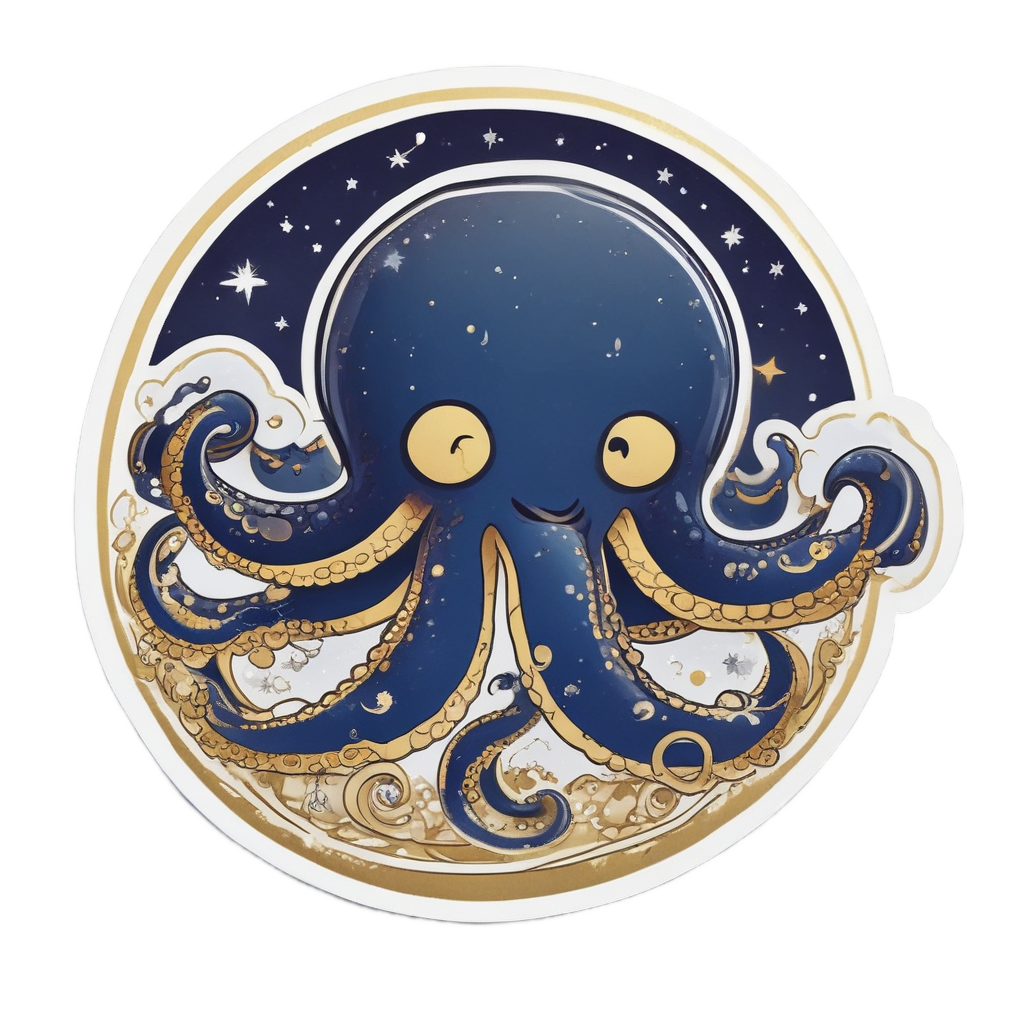 A kawaii octopus lying on a crescent moon looking at stars