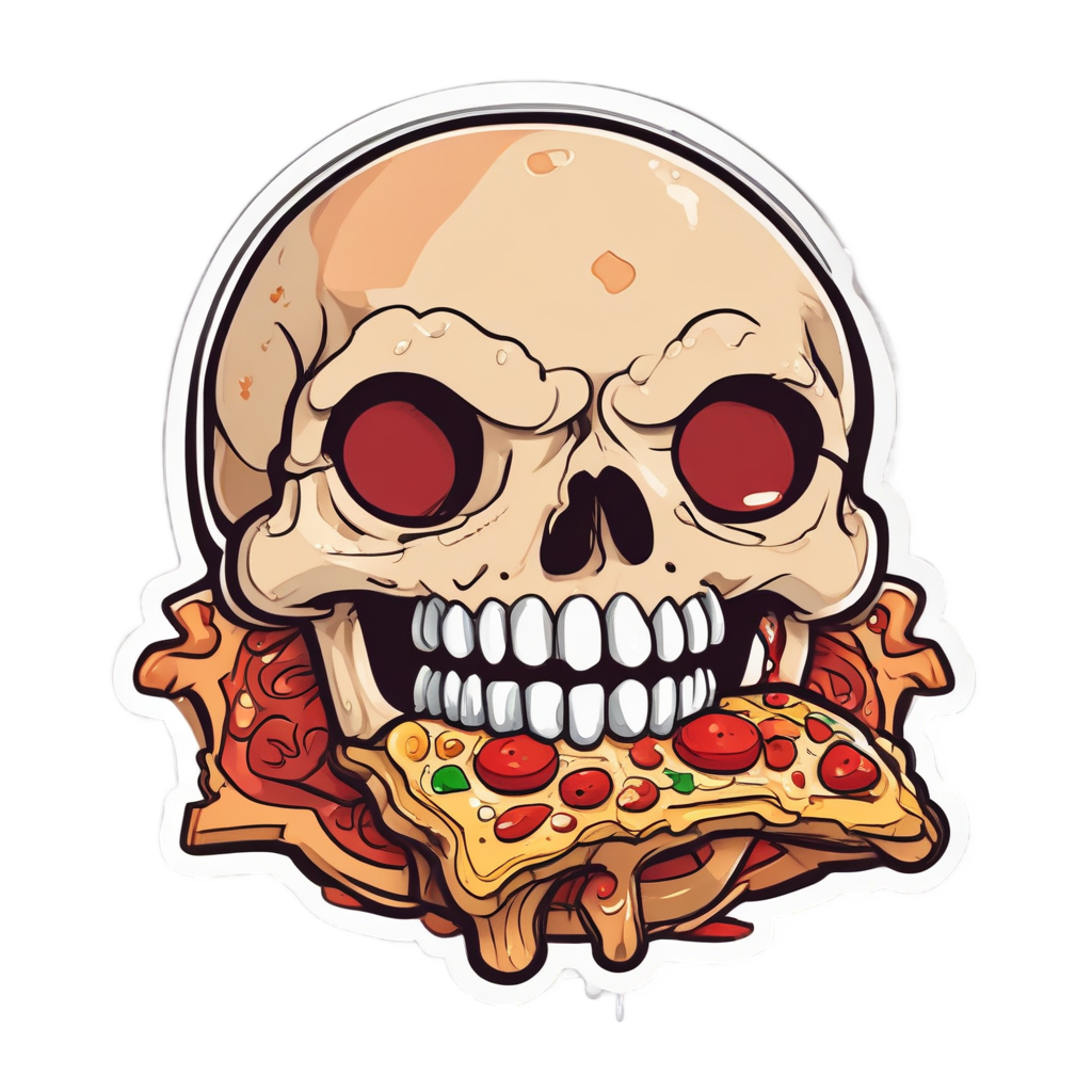 Star Skull Eating Pizza — line-art skull stickers