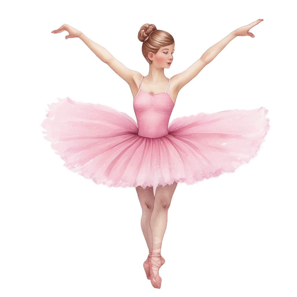 Die-cut watercolor sticker of a starfish ballet dancer in a pink tutu.