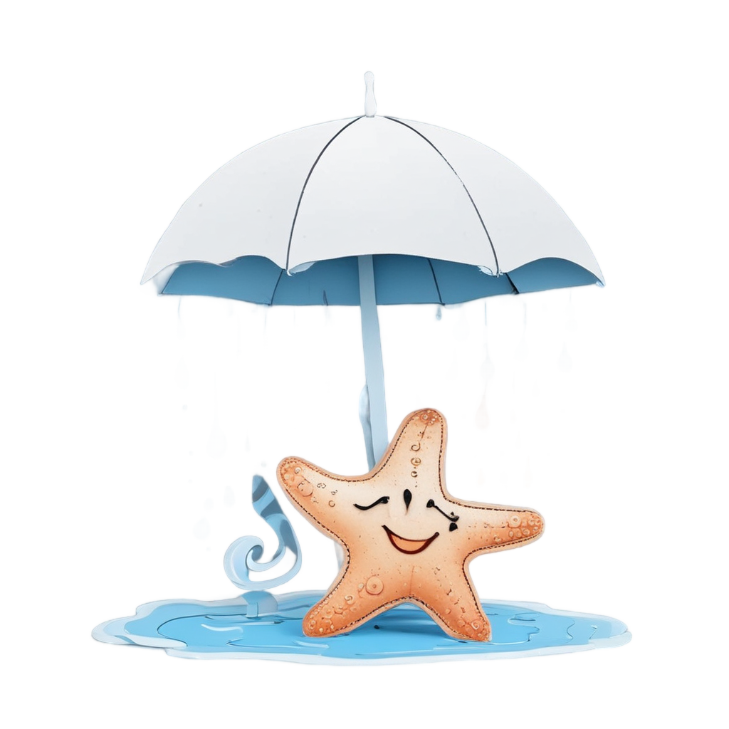 Starfish holding umbrella in the rain, papercut style