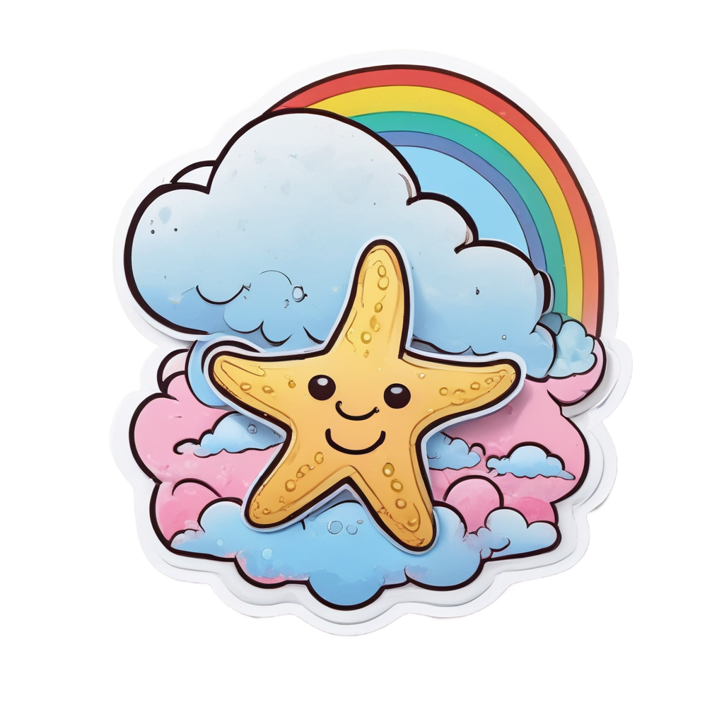 Kawaii starfish sitting on a fluffy cloud with small rainbow