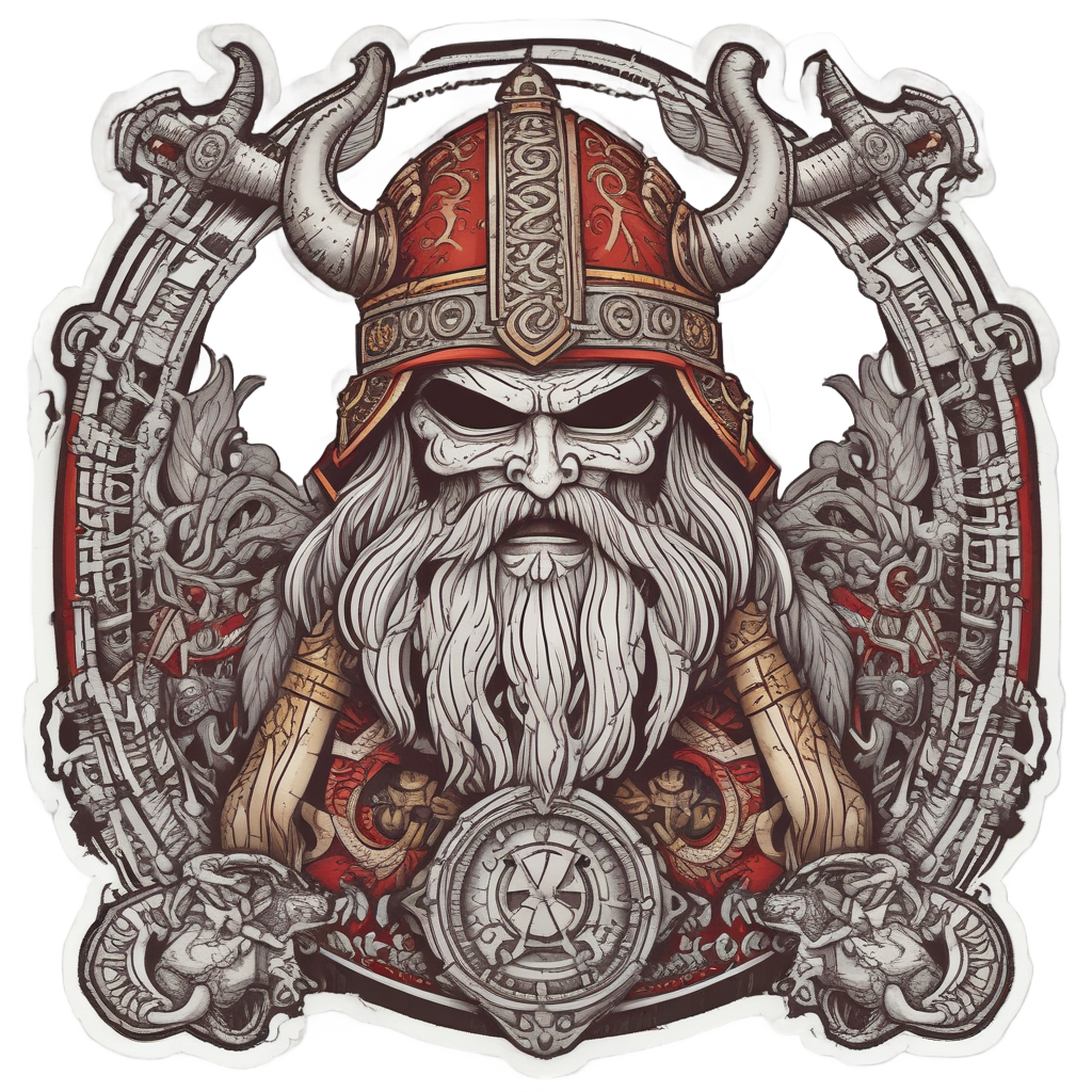 A starfish with a Viking helmet holding an axe in tattoo style