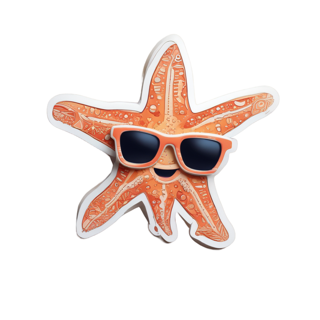 Smiling starfish wearing sunglasses on a sunny beach papercut sticker