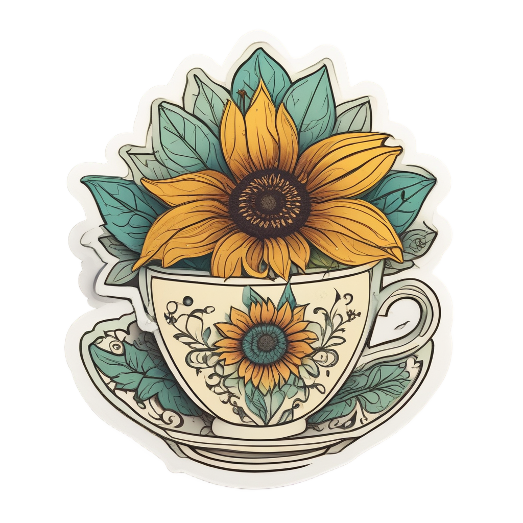 Sunflower with Tea Cup — single stem stickers