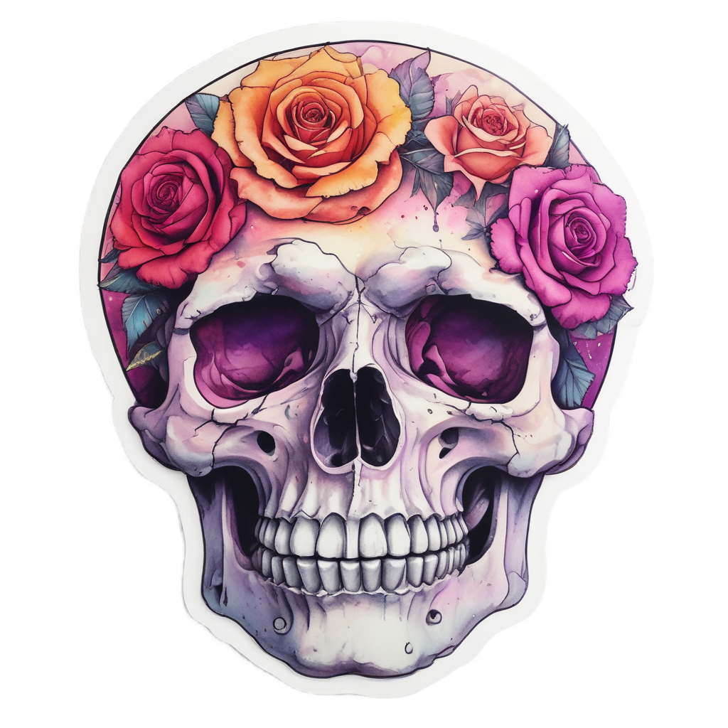 Sunset Bloom Skull — watercolor skull & roses stickers
