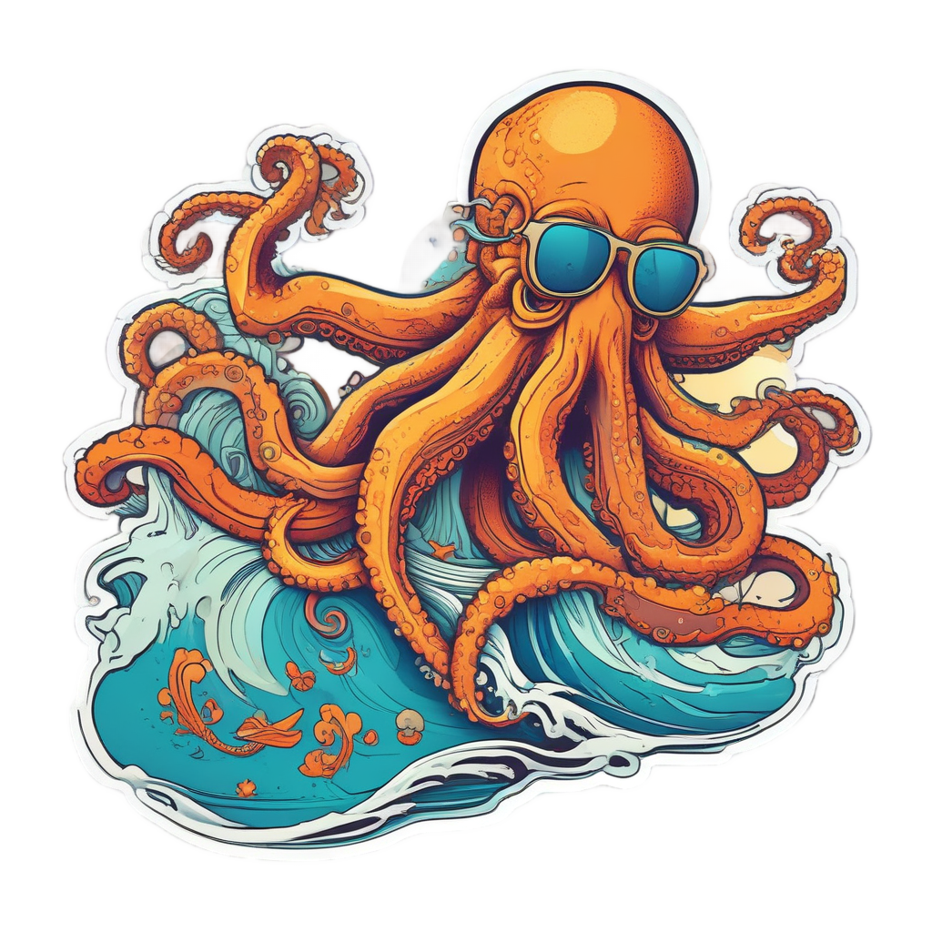 A smiling octopus in a floral shirt surfs a large retro wave.