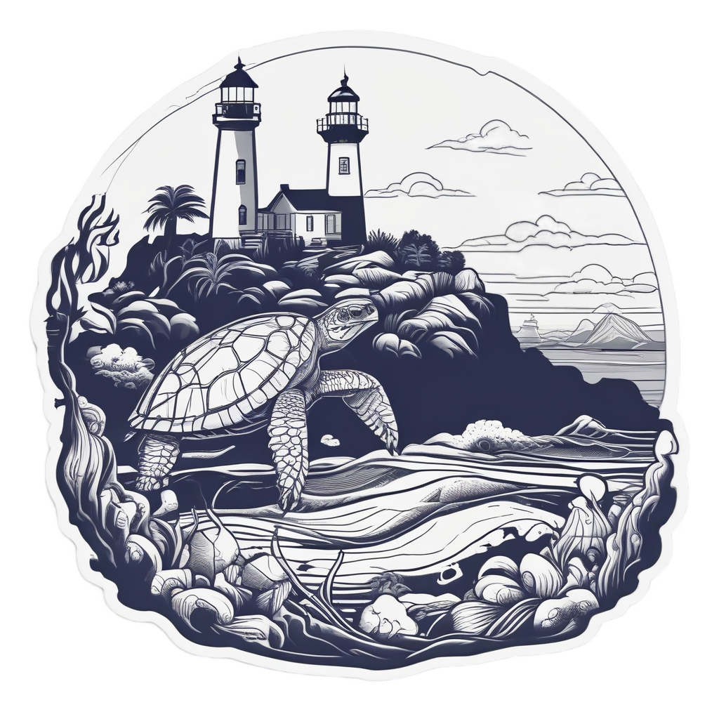 A sea turtle swimming near a lighthouse in papercut art.