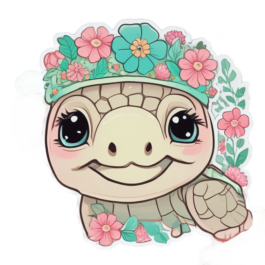 A serene sea turtle with a pastel flower crown and closed eyes.