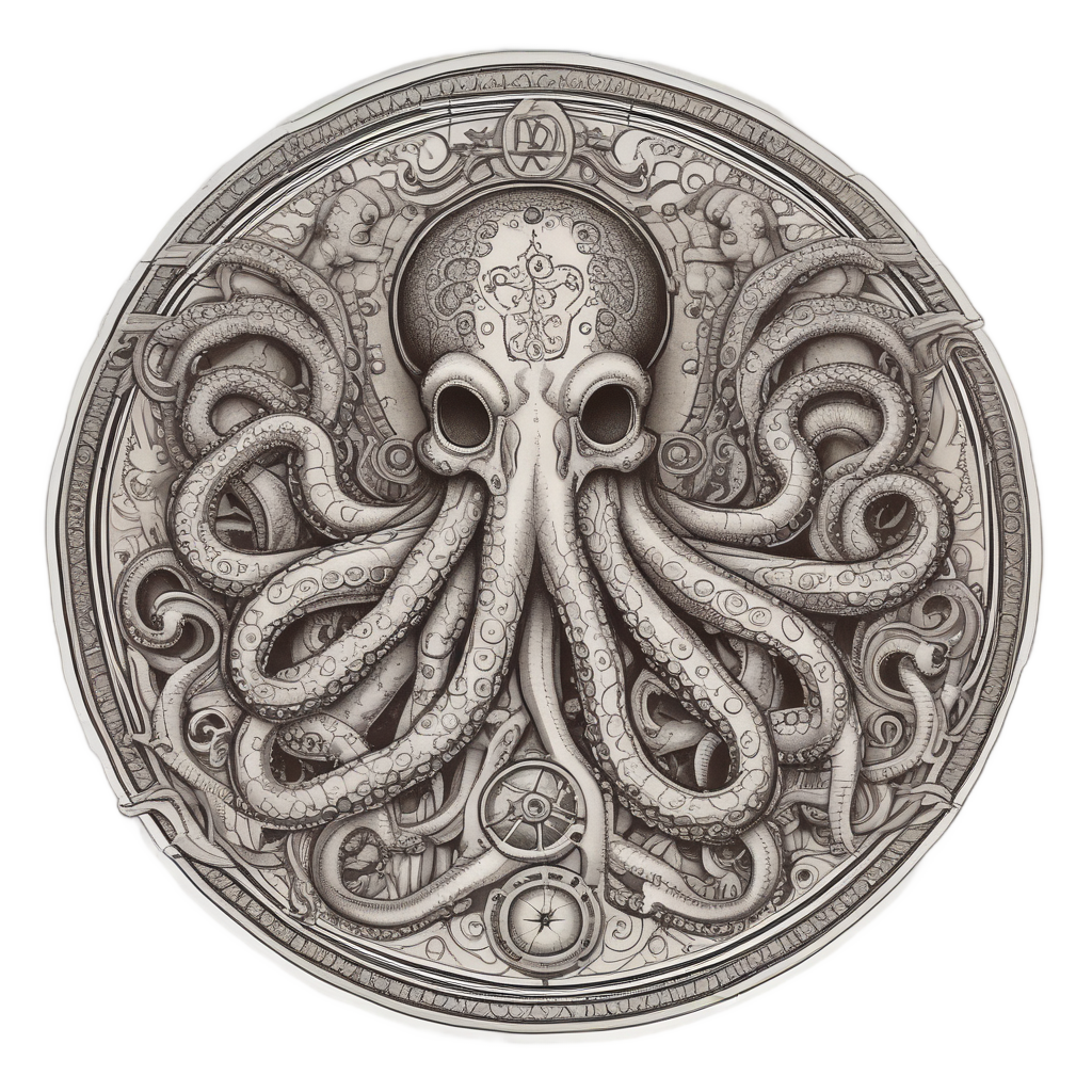 A vintage octopus holding a compass with ornate scrollwork
