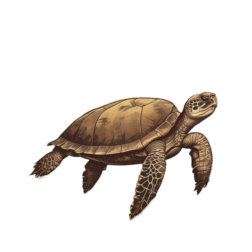 A retro sea turtle in a vintage postcard style with sepia tones and palm trees.