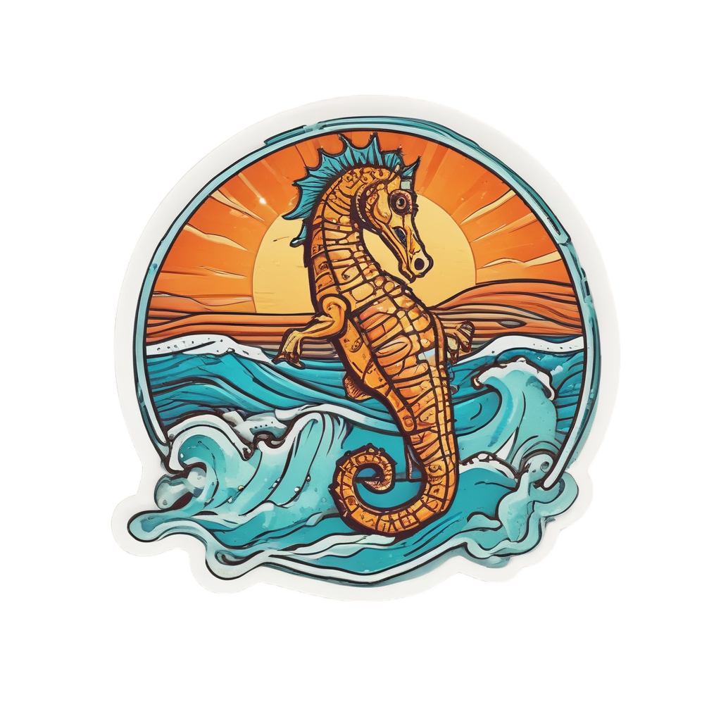 A seahorse surfing on a turquoise wave at sunset with a surfboard.
