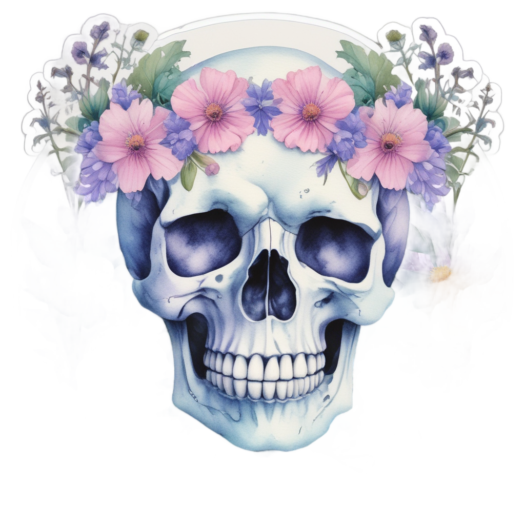 Wandering Skull in Floral Wreath — witchy & occult stickers