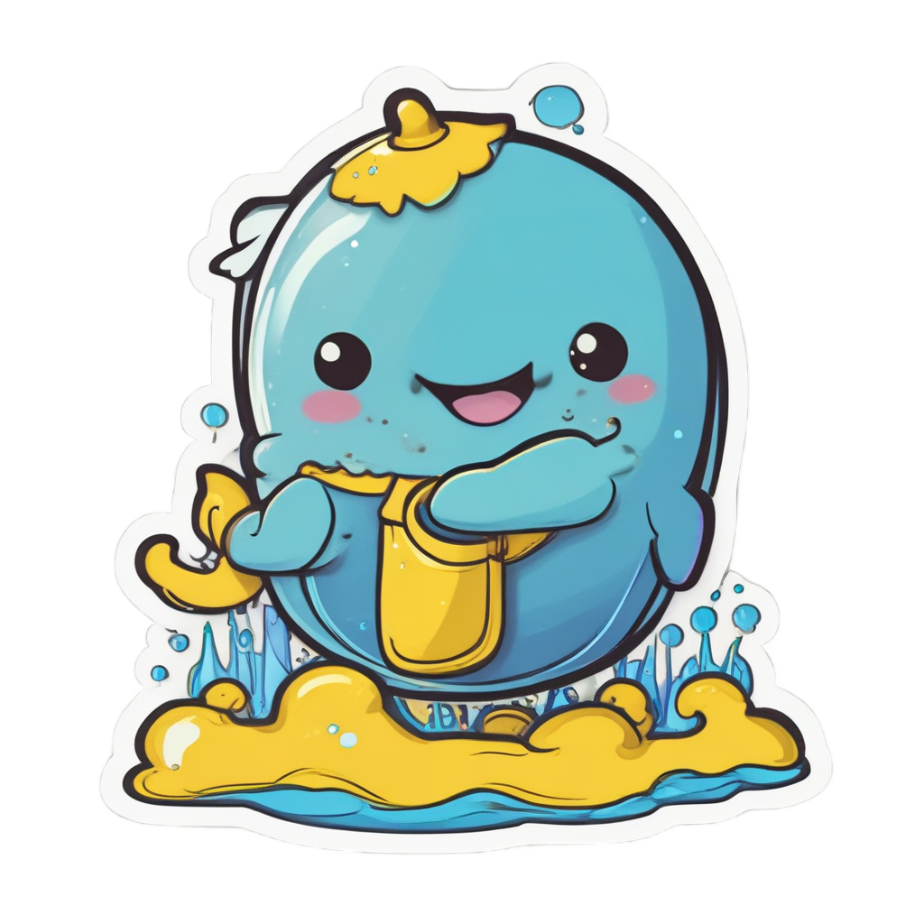 A cheerful baby whale splashing in a puddle with yellow rain boots.