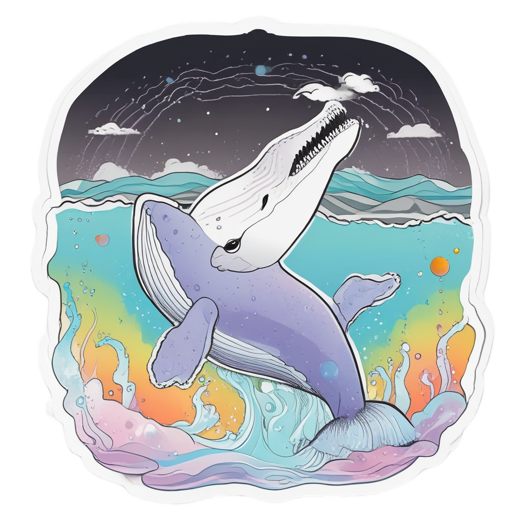 A baby whale with a rainbow spout