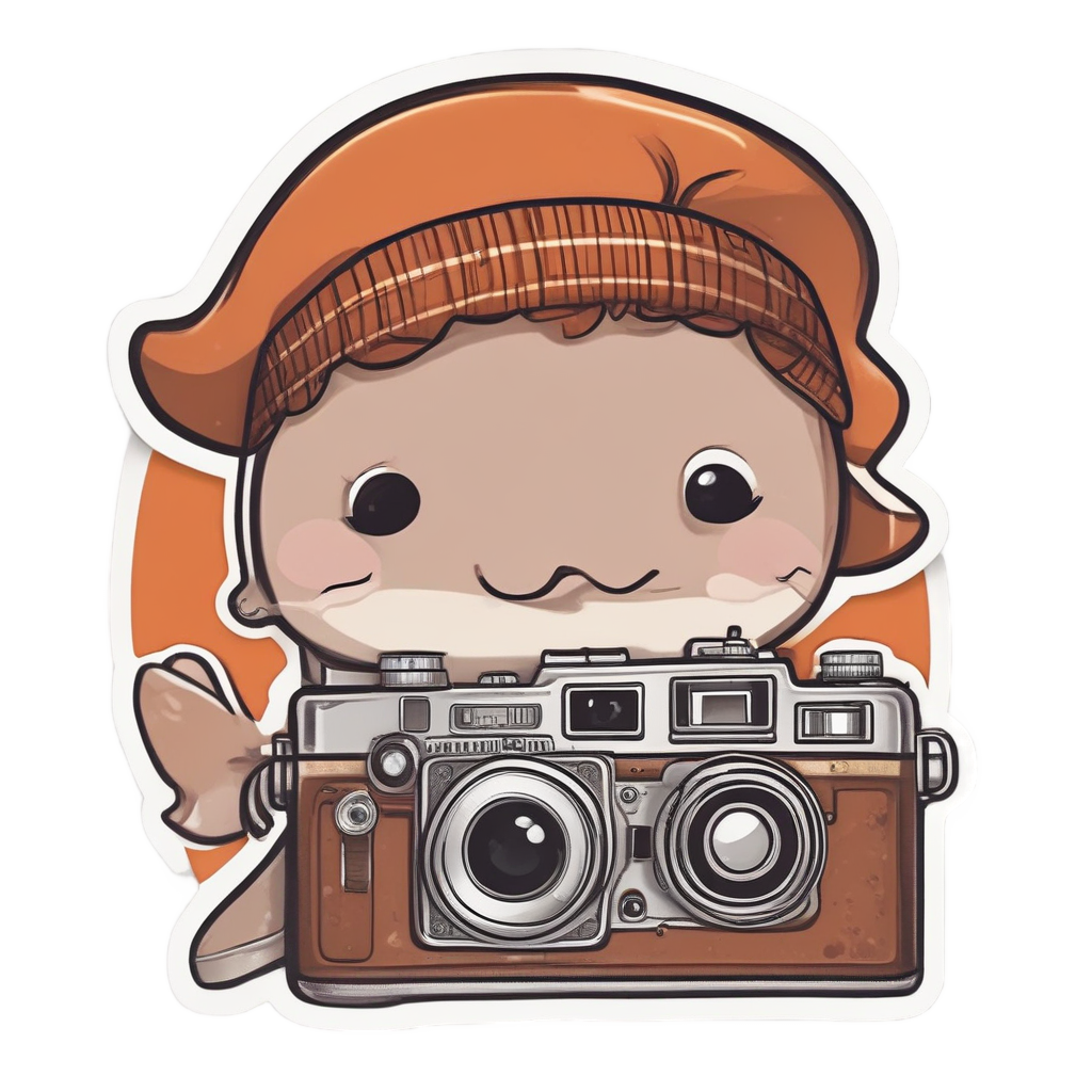 A baby whale wearing a beret holding a vintage film camera