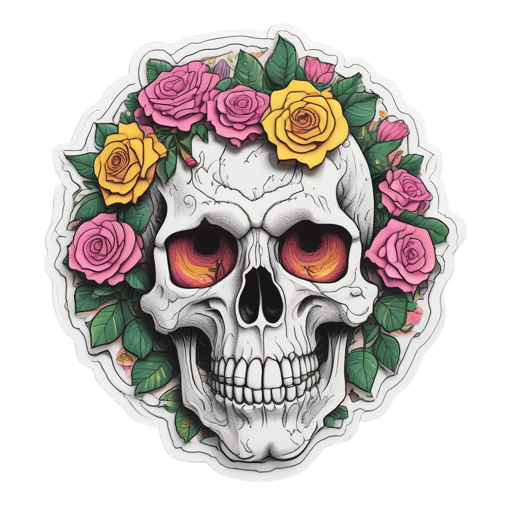 Whimsical Garden Skull — watercolor skull & roses stickers
