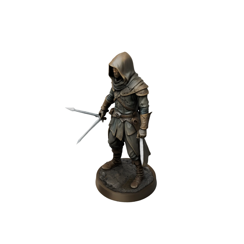 Bronze Hooded Rogue With Daggers — tabletop minis 3D print model, STL
