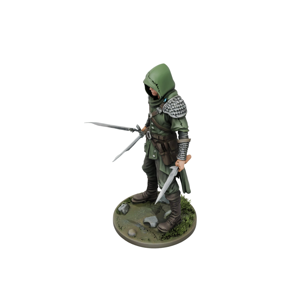Camo Hooded Rogue With Daggers — tabletop minis 3D print model, STL