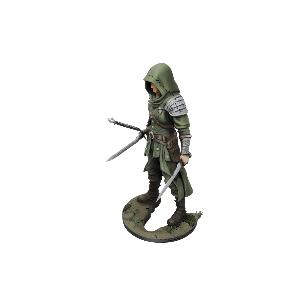 Camo Hooded Rogue With Daggers — tabletop minis 3D print model, STL