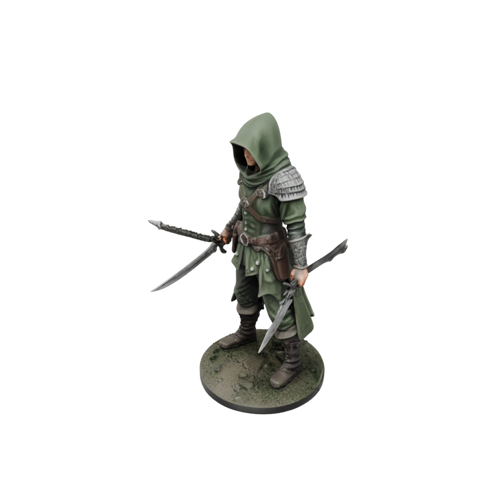 Camo Hooded Rogue With Daggers — tabletop minis 3D print model, STL